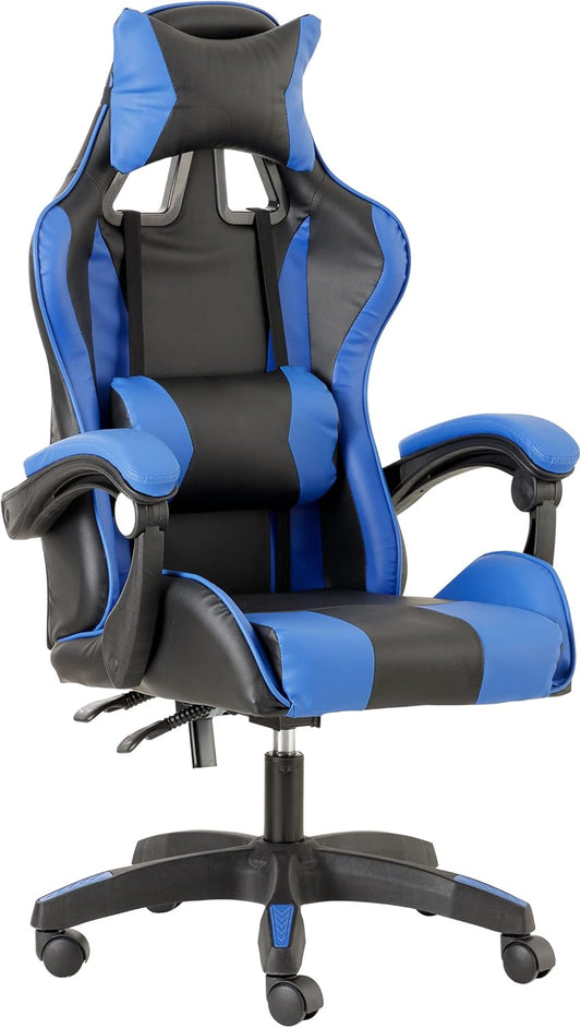 Baroni Home Gamingstoel, ergonomische bureaustoel met verstelbare rugleuning, hoofdsteun en blauwe lendensteun
