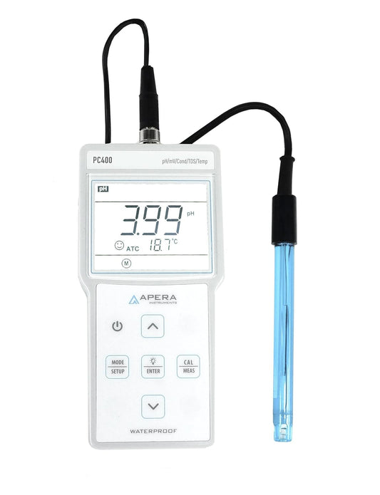 Apera Instruments AI413 PC400 draagbare multiparameterset (pH/EC/TDS/Temp.), 6 flessen kalibratieoplossingen inbegrepen, 3,3 cm hoog, 8,6 cm breed, 17,8 cm lang.