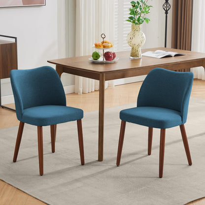 Eetkamerstoel – Stoel – Kuipstoel – Keukenstoel – Bistrostoel – Set van 2 – Blauwe Stoffen Bekleding – Gebogen Rugleuning – Robuuste Houten Poten – Comfortabel & Duurzaam