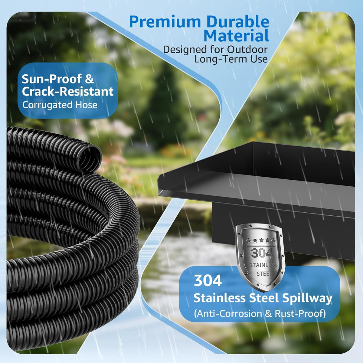 Watervalkit voor Vijver 30 cm: Set met Watervaluitloop in RVS 304, Pomp 2500 L/h, Vorstbestendige Slang 3 m en Kabel 5 m – Complete Fonteinkit