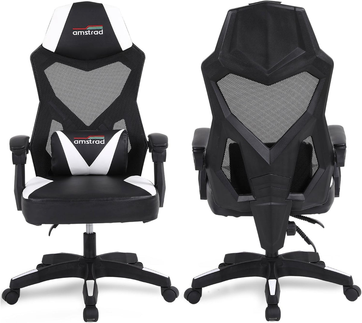 Gaming en bureaustoel met kantelbare rugleuning 135°, ademend netweefsel, lendenkussen, wit en zwart