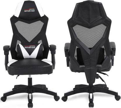 Gaming en bureaustoel met kantelbare rugleuning 135°, ademend netweefsel, lendenkussen, wit en zwart