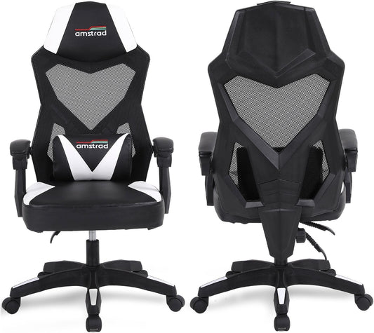 Gaming en bureaustoel met kantelbare rugleuning 135°, ademend netweefsel, lendenkussen, wit en zwart