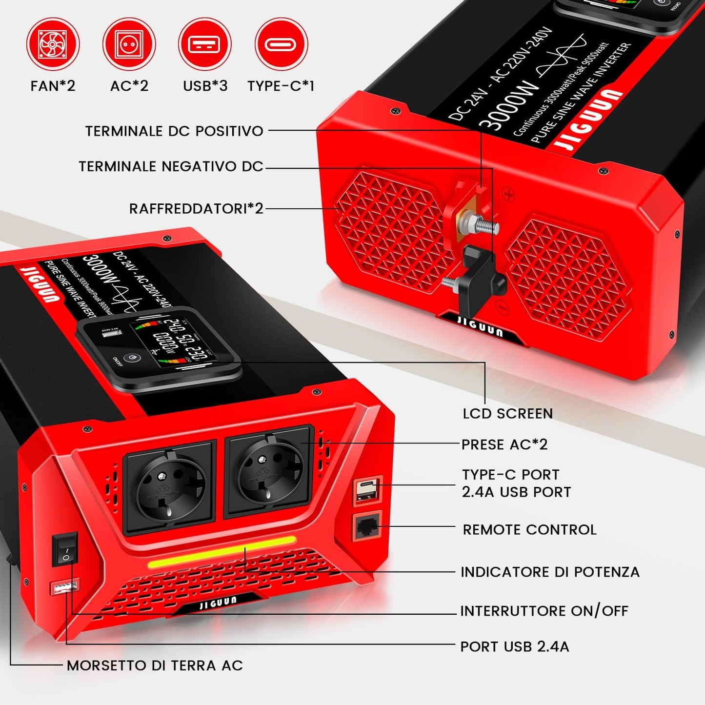 JIGUUN 3000W Omvormer 24V 230V Zuivere sinus Converter inverte met 2 EU stopcontacten & 3 USB+Tycp-C poorten, afneembare afstandsbediening en LCD display Piekvermogen 9000W