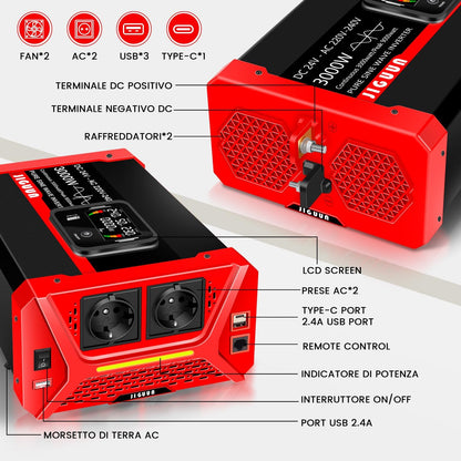 JIGUUN 3000W Omvormer 24V 230V Zuivere sinus Converter inverte met 2 EU stopcontacten & 3 USB+Tycp-C poorten, afneembare afstandsbediening en LCD display Piekvermogen 9000W