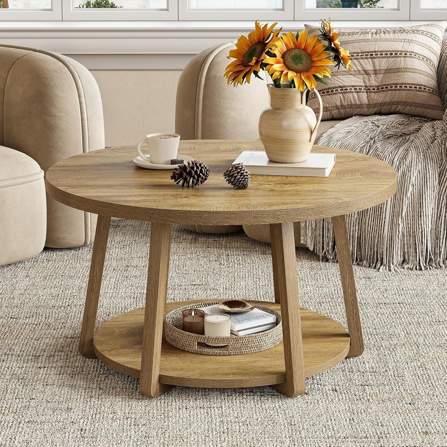 Modern Round Coffee Table with Storage Shelf - 31.5” Round (80cm) White Engineered Wood Top & Lower Shelf, Space-Saving MDF Base, Easy Assembly, Rounded Edges, 80 Weight Capacity - Contemporary Center Table for Living Room,