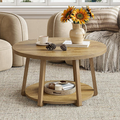 Modern Round Coffee Table with Storage Shelf - 31.5” Round (80cm) White Engineered Wood Top & Lower Shelf, Space-Saving MDF Base, Easy Assembly, Rounded Edges, 80 Weight Capacity - Contemporary Center Table for Living Room,