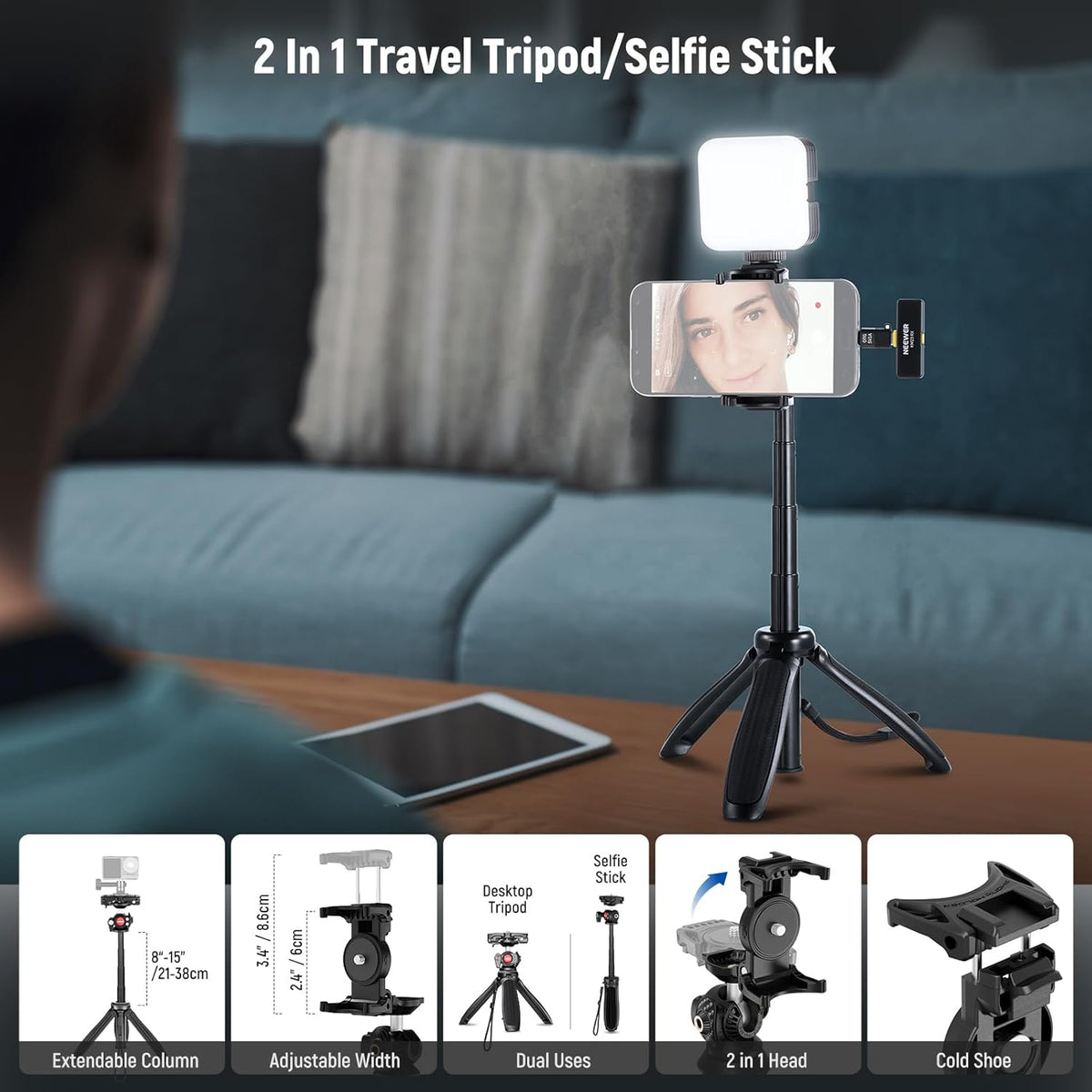 Vlogging kit voor telefoon voor iPhone en Android – Content creator kit – Podcast set – Telefoonstatief – Selfiestick – RGB videolicht 2500K-8500K met 20 effecten – Draadloze lavalier microfoon met ruisonderdrukking en 40 m bereik