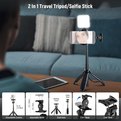 Vlogging kit voor telefoon voor iPhone en Android – Content creator kit – Podcast set – Telefoonstatief – Selfiestick – RGB videolicht 2500K-8500K met 20 effecten – Draadloze lavalier microfoon met ruisonderdrukking en 40 m bereik