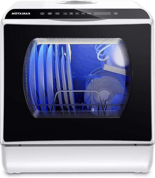 Karlxtom Portable Countertop Dishwasher, Compact Mini Dishwasher with 5L Built-in Water Tank and Supply Hose, 5 Programs, Baby Care and Fruit Wash for Small Apartment, Motorhome - QUORE