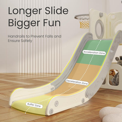 Kinderglijbaan met klimladder, basketbalkorf en tunnel, kunststof glijbaan voor binnen voor kinderen, Montessori-spelletjes voor speelplaats, grijs