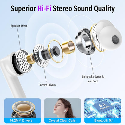 Touchscreen Bluetooth-hoofdtelefoon, in-ear hoofdtelefoon, draadloos, Bluetooth 5.4 met ANC + ENC ruisonderdrukkende microfoon, 48 uur diepe bas, oordopjes met 5 EQ-modi, IP7 waterdicht, wit