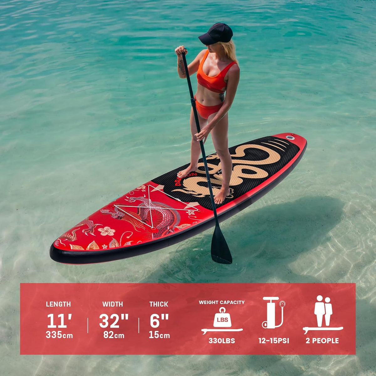 FEATH-R-LITE Opblaasbare Stand Up Paddling SUP Board met Verstelbare Paddel/Pomp/Rugzak/Lijn/Waterdichte Zak