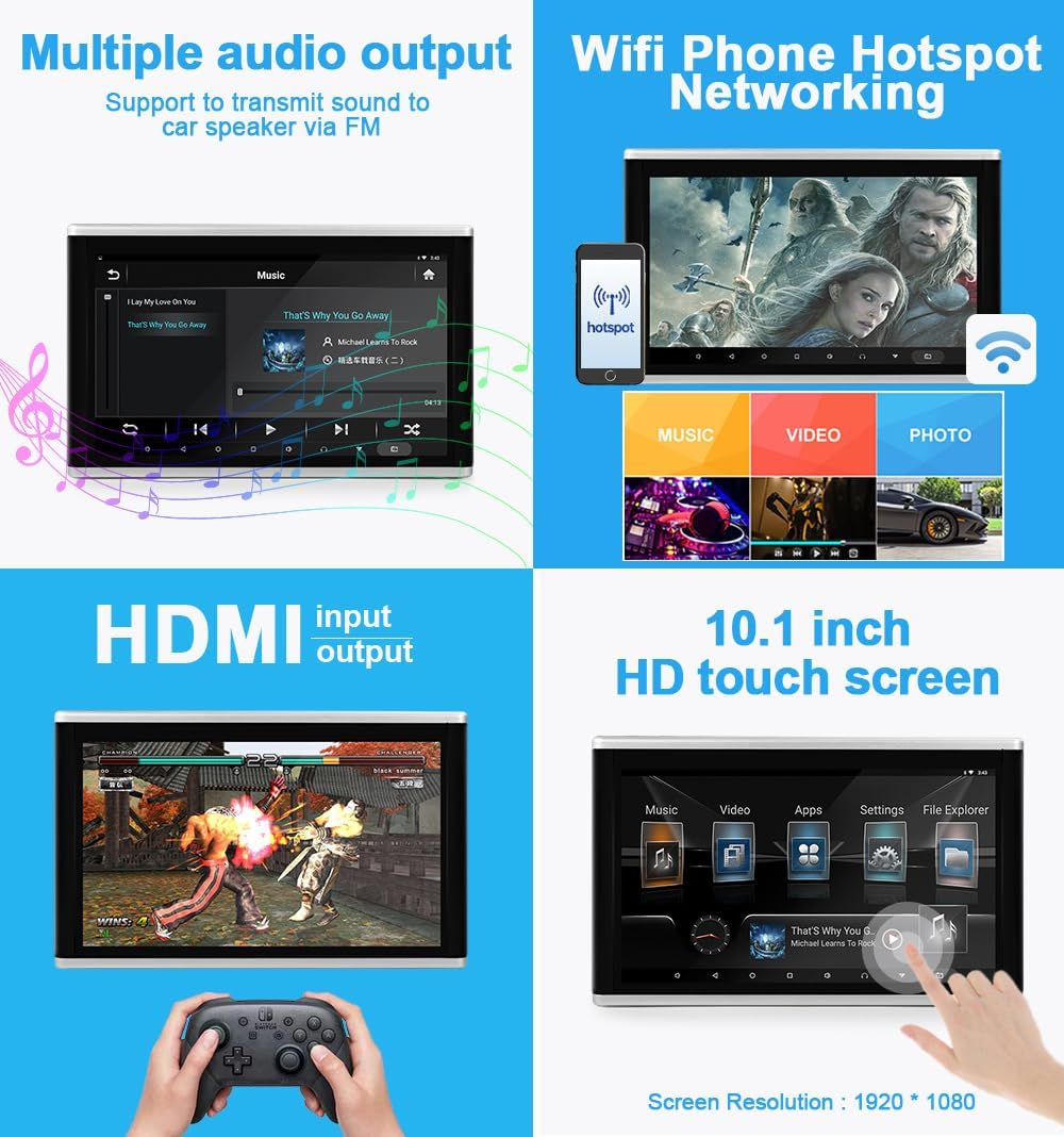 Auto Hoofdsteun Video Spelers - 11.6 Inch 4K Universele Auto Tablet, Multimedia Speler Achterbank Entertainment Systeem 1+16G, Autovideo voor Android 9.0, Ondersteuning voor Meerdere Talen Engels