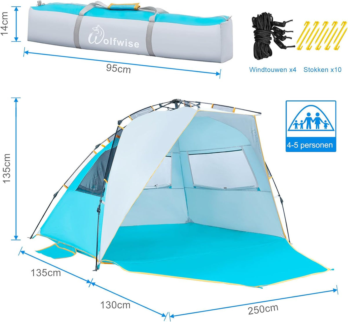 Wolfwise 4-5 Persoons Makkelijk Opzetten Strandtent UPF 50+ Draagbare Instant Zonwering Luifelparaplu met Verlengde Veranda met Ritssluiting, Blauw