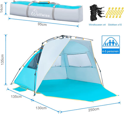 Wolfwise 4-5 Persoons Makkelijk Opzetten Strandtent UPF 50+ Draagbare Instant Zonwering Luifelparaplu met Verlengde Veranda met Ritssluiting, Blauw