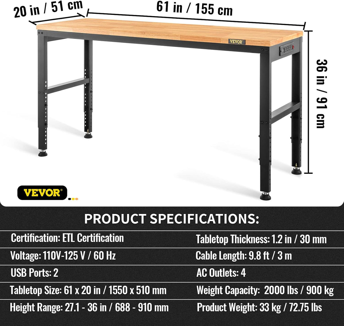 VEVOR Workbench 1550 x 508 mm Workshop Table, Height Adjustable 688-910 mm, Capacity 900 kg, Includes Power Connections, Hardwood Surface, Metal Frame and Foot Pads, Ideal for Garage,