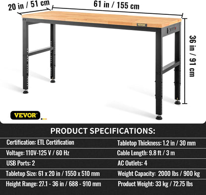 VEVOR Workbench 1550 x 508 mm Workshop Table, Height Adjustable 688-910 mm, Capacity 900 kg, Includes Power Connections, Hardwood Surface, Metal Frame and Foot Pads, Ideal for Garage,