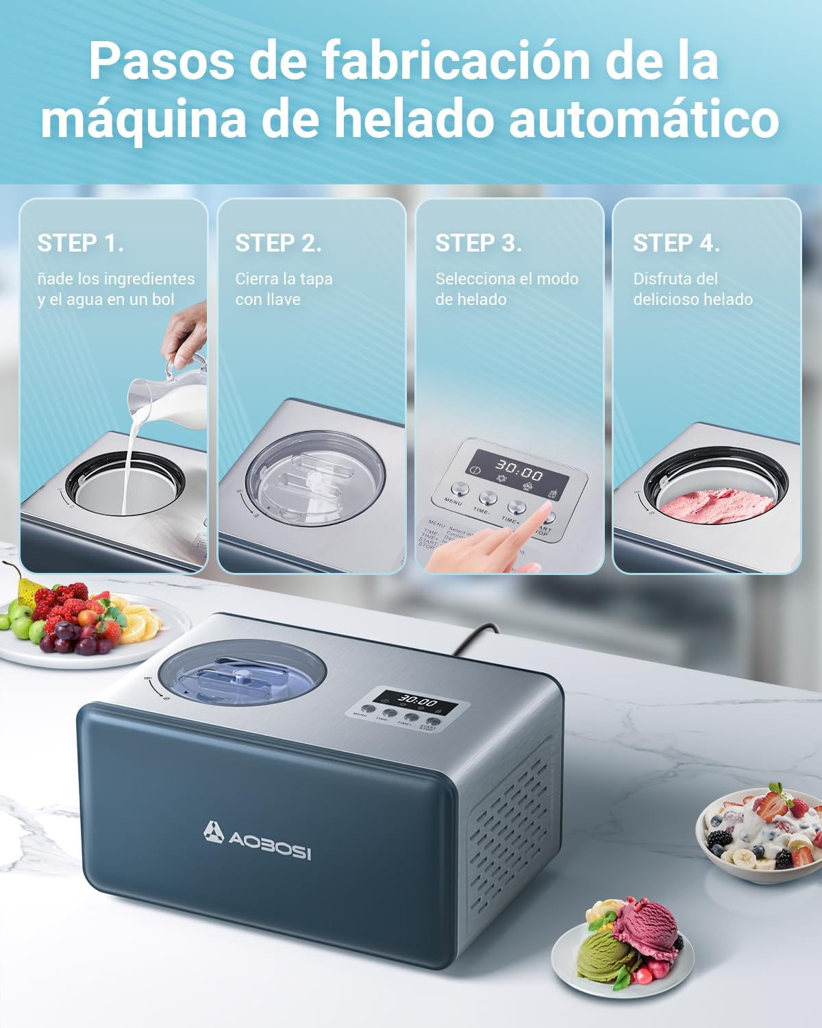 Aobosi ijsmachine, ijsmachine, ijs, yoghurt, roestvrij staal 2L, eenvoudig te bedienen, afneembare mengpeddel
