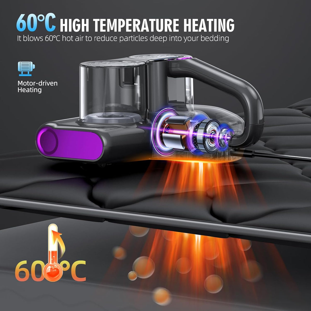 Mijtstofzuiger voor matrassen, mijtstofzuiger met UV-C-licht, 16 kpa afzuiging, matrasreiniger, HEPA-filter, ultrasone warmteborstelrol, technologieën, stoffering, handstofzuiger, 500 W kabel