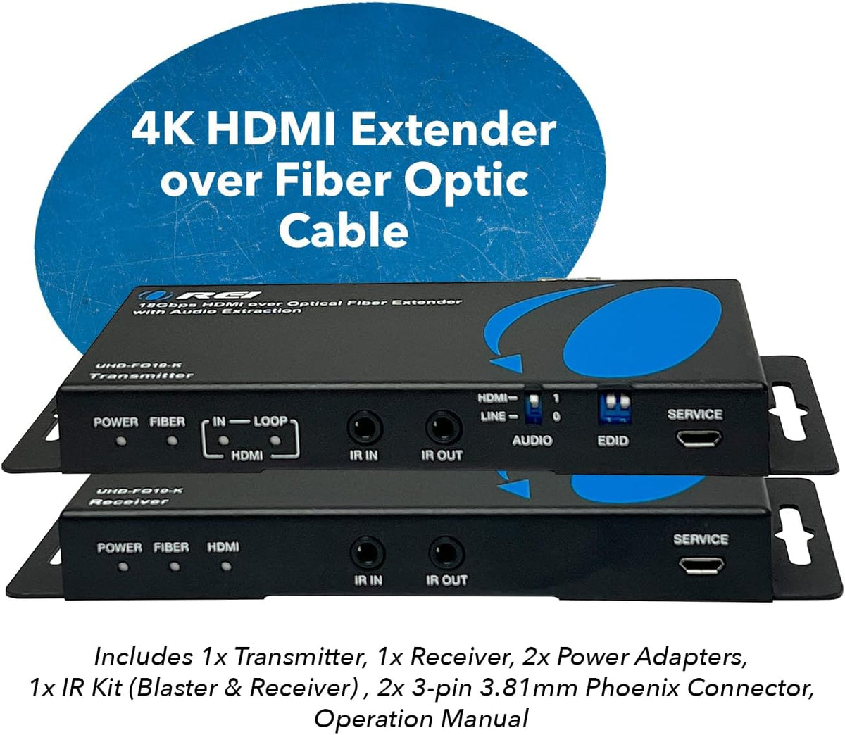 OREI 4K HDMI Over Fiber Optic Extender up to 10Km with Audio Extraction and Bi-Directional IR - RS-232 (UHD-FO10-K)