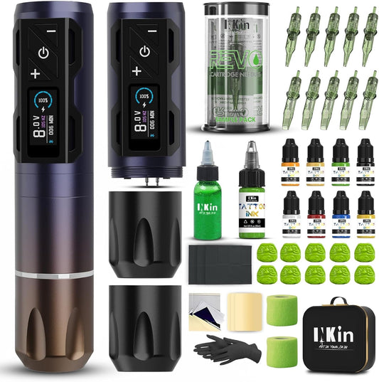 INKin Tattoo Gun Kit Compleet voor beginners, CL4 draadloze tattoo-machine 4.0-takt met borstelloze motor, tattoo-kit met 2 stuks batterijen, 1800 mAh vermogen en gemengde Revo-tattoo-naalden en 9