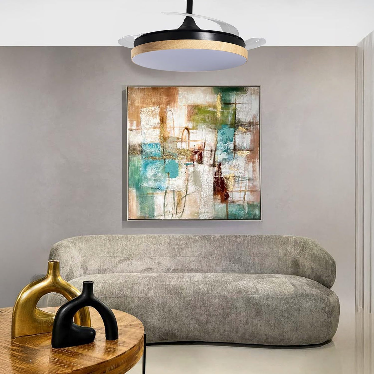 DRW Plafondventilator, zwart en hout, met intrekbare vleugels, 3 lichtkleuren en afstandsbediening, Ø 106 x 36-53 cm