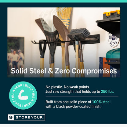 StoreYourBoard Wandrek met 4 garagehaken - zware stalen houder voor garage- en tuinopslag voor schuur, werkplaats of thuisorganisatie - voor harken, schoppen, gereedschap en meer - 2 stuks, zwart