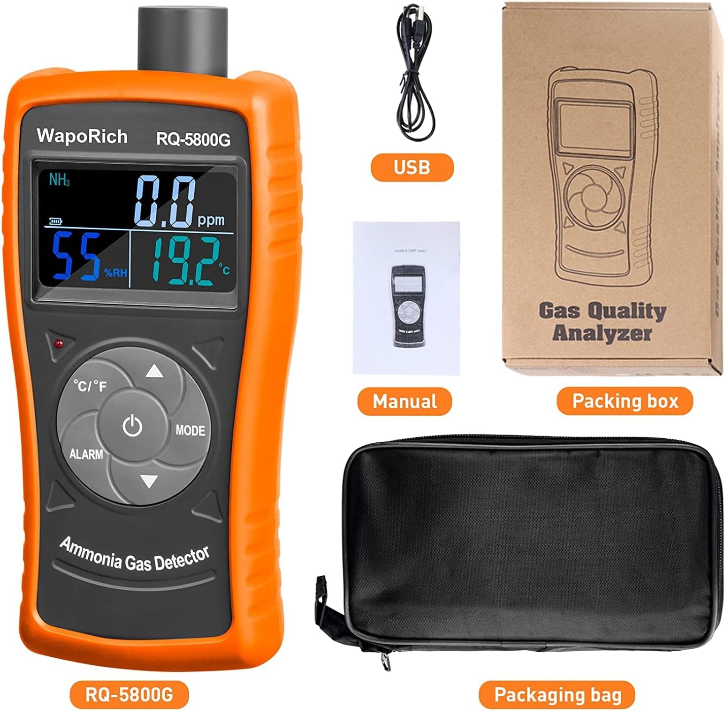 Ammoniak Gas Detector 0~100 PPM NH3 Monitor Tester, Oplaadbare Ammoniakanalyser Deeltjesdetector Professionele Meter met Temperatuur, Vochtigheid voor Pluimvee, Boerderij - RQ-5800G