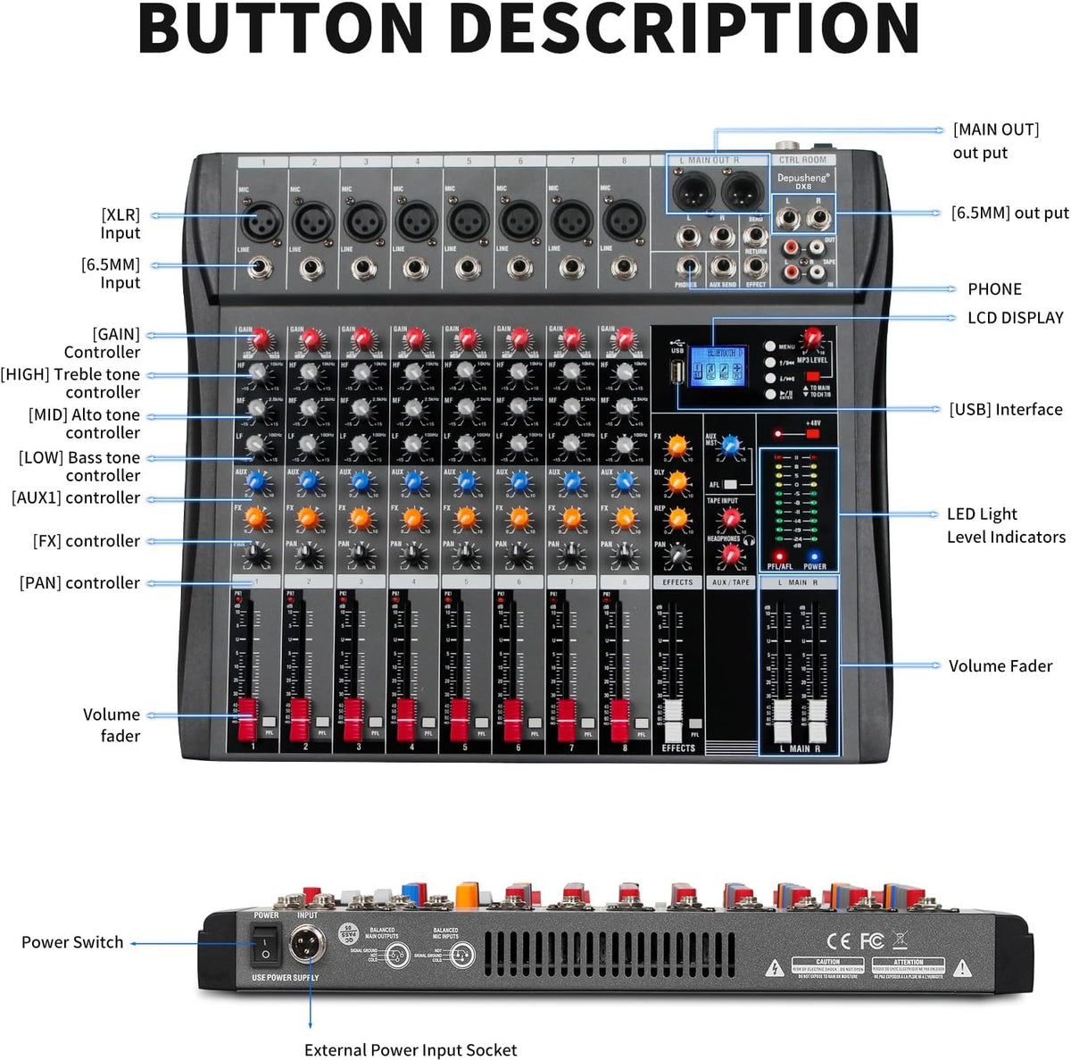 Bluetooth USB audiomixer – Mengpaneel – Mengtafel – Soundboard – DJ mixer – 8-kanaals zwart – Bluetooth streaming – 48V fantoomvoeding