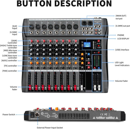 Bluetooth USB audiomixer – Mengpaneel – Mengtafel – Soundboard – DJ mixer – 8-kanaals zwart – Bluetooth streaming – 48V fantoomvoeding
