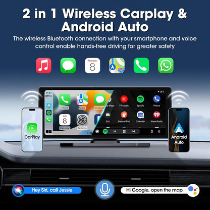 Carplay Display met 4K Dashcam 10,26 Inch Draadloos Carplay Android Auto Display met HD IPS Touchscreen Driveplay met Mirror Link Dual-Bluetooth Carplay met 1080P Achteruitrijcamera 64GB-Kaart