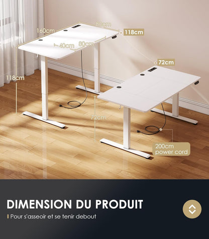 OffiGo Bureau Assis-Debout, 160 cm Elektrisch Bureau met Stopcontacten en USB, Standing Desk met 2 Geheugenstanden, Elektrische Tafel voor Thuis, Wit