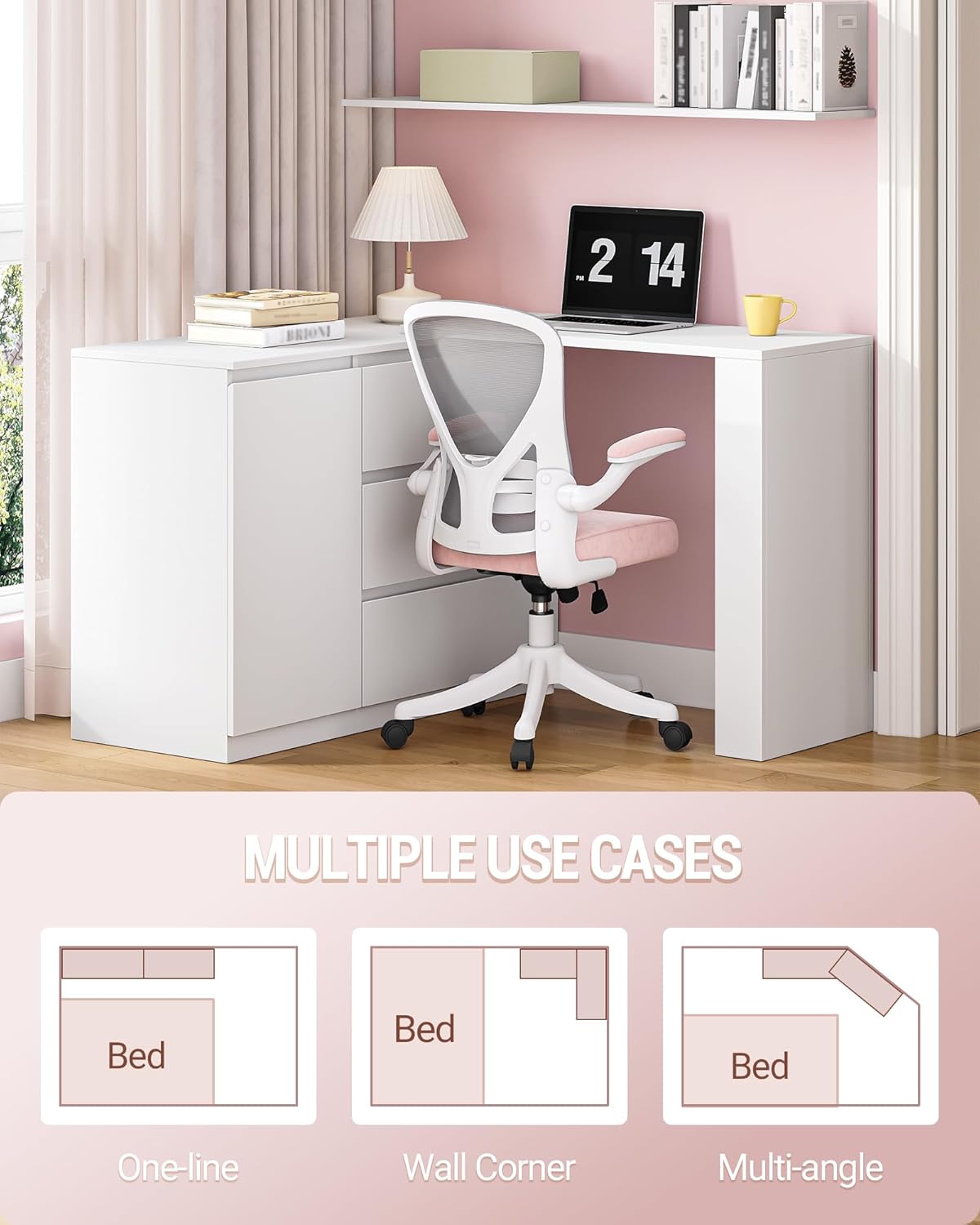 Hzuaneri Dressing Table with Drawers, L-Shaped Corner Dressing Table, Dressing Table with 1 Storage Cabinet and 2 Open Storage Shelves, Bedroom, Living Room, Modern, White DT42803XEU