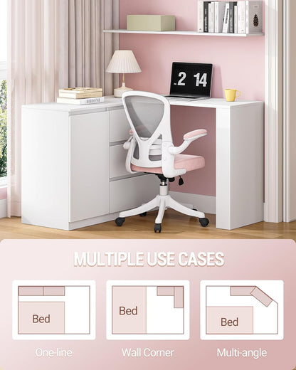 Hzuaneri Dressing Table with Drawers, L-Shaped Corner Dressing Table, Dressing Table with 1 Storage Cabinet and 2 Open Storage Shelves, Bedroom, Living Room, Modern, White DT42803XEU