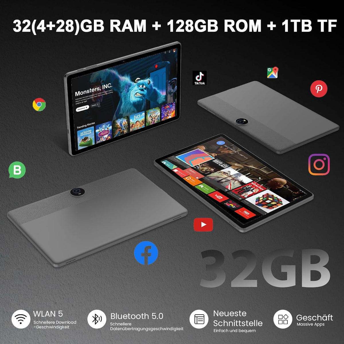 Android 16-tablet, 11 inch tablet,32GB + 128GB, uitbreidbaar tot 1TB, productiviteitsbundel met toetsenbordhoes, stylus, octa-coreprocessor, dubbele camera, wifi 6, 8000mAh-batterij (Nero)