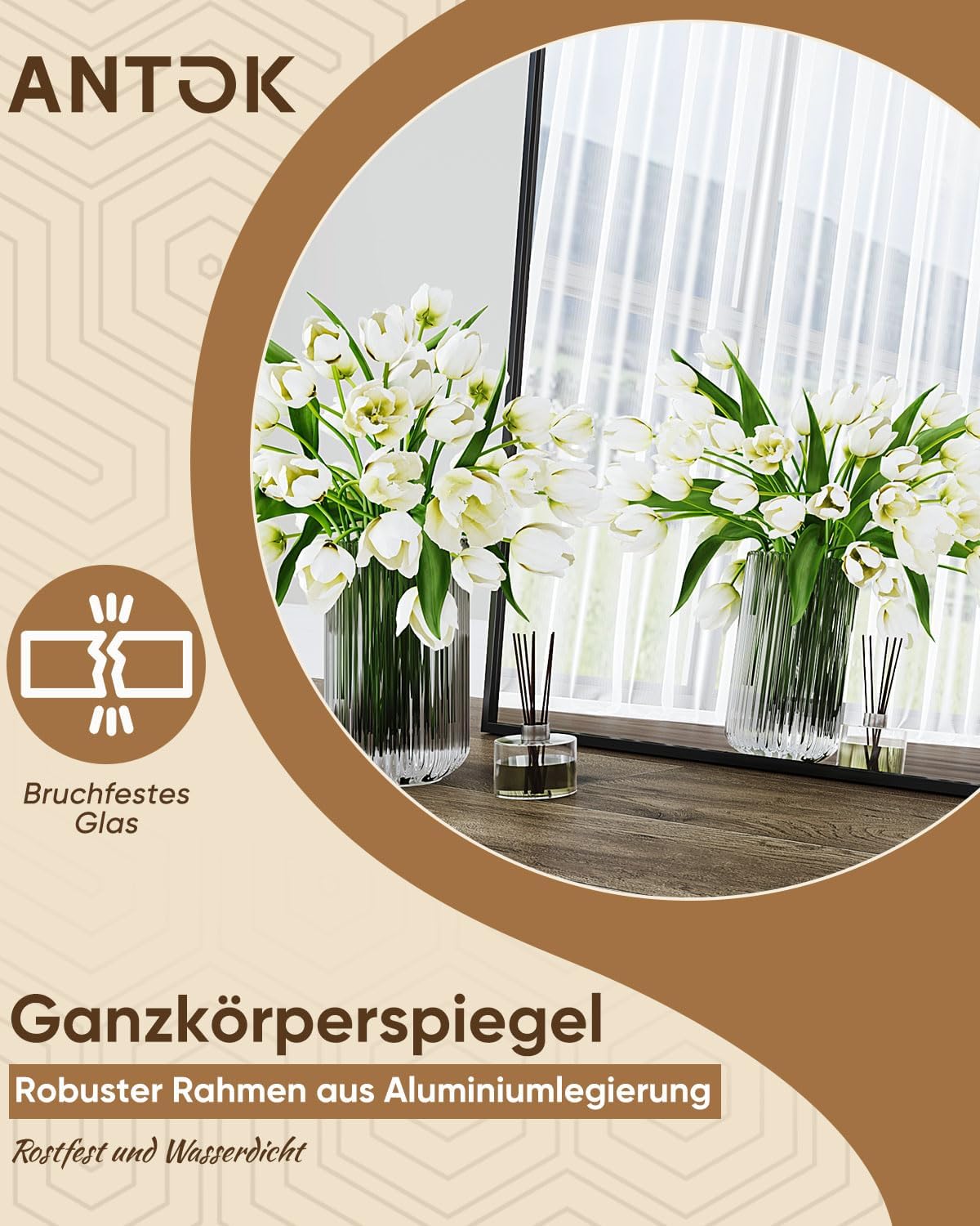 Vloerspiegel – Staande Spiegel – Wandspiegel – Lengtespiegel – Volledige Lengte Spiegel – Zwart Aluminium Frame – Onbreekbaar Glas – 180 x 66 cm – Gebogen Design