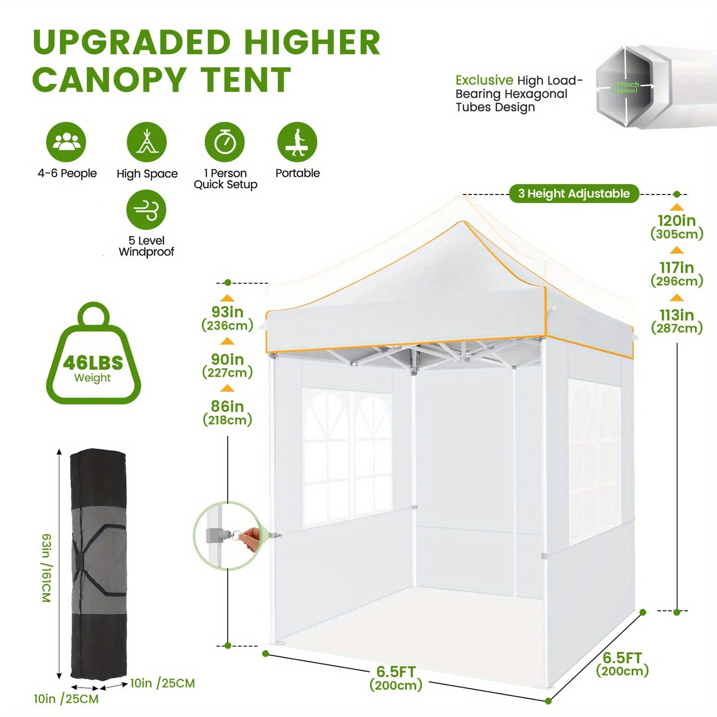 Partytent – Feesttent – Tuintent – Paviljoen – Vouwtent – Pop-up – 2×2m – Waterdicht Polyester Oxford – 4 Zijwanden Met UPF50+ Bescherming – Verstelbare Hoogte & Versterkt Zevenhoekig Stalen Frame