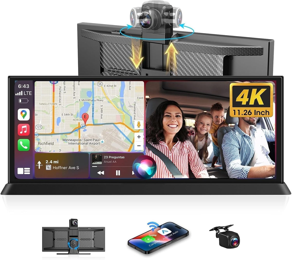 27,9 cm (11,26 inch) HD Touch Car Play Auto, 4K display, Carplay auto met 350° frontcamera, 64G SD-kaart, Carplay Android Auto Car Play Co.che voor GPS-navigatie, G-Senor Loop-opname