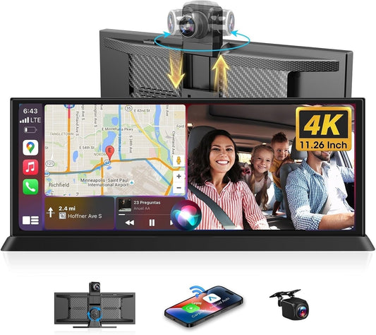 27,9 cm (11,26 inch) HD Touch Car Play Auto, 4K display, Carplay auto met 350° frontcamera, 64G SD-kaart, Carplay Android Auto Car Play Co.che voor GPS-navigatie, G-Senor Loop-opname