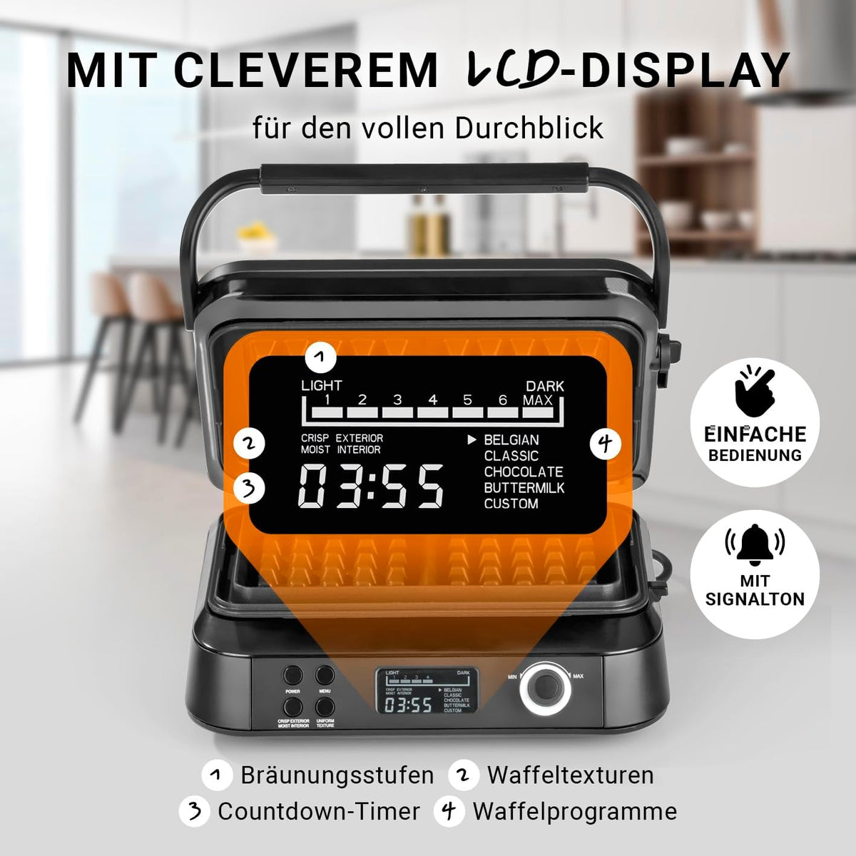 Premium Wafelijzer in de Midnight Edition | 1600 W | 5 programma's | 7 bruiningsniveaus | LCD display | countdown timer | extra diepe verwarmingsplaten voor extra luchtige wafels