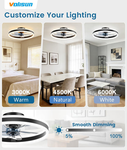 VOLISUN Plafondventilator met licht en afstandsbediening, 6 snelheden en dimbaar, moderne ventilator, stille led-plafondventilator voor slaapkamer en woonkamer (zwart, 59,5 cm)