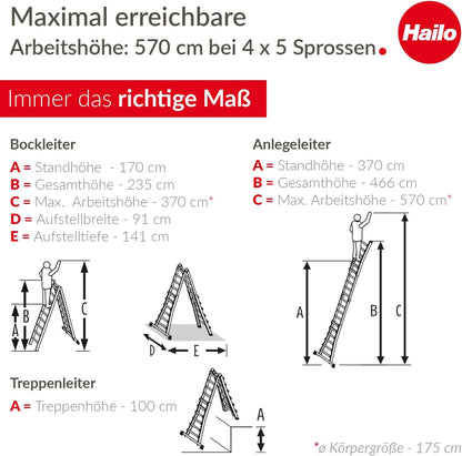 Hailo M80 Multifunctionele aluminium ladder, 4 x 5 sporten, belastbaar tot 150 kg, veiligheidsgewrichten en vergrendelingen, in hoogte verstelbaar, multifunctionele ladder, roestvrij staal, zilver