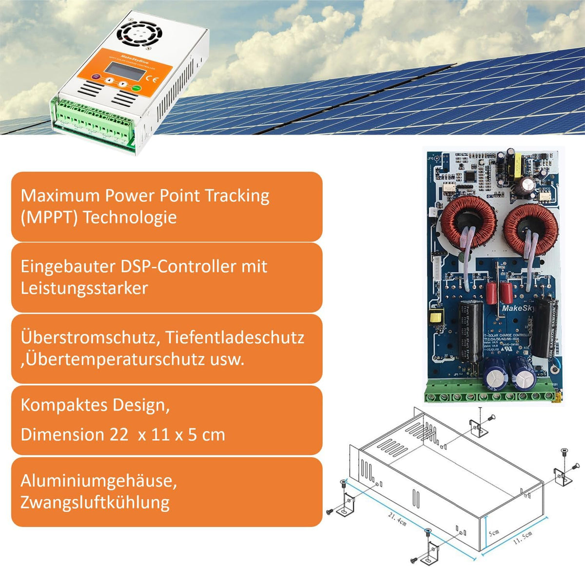 60A MPPT laadregelaar op zonne-energie, max. 160 V, stationaire spanning 2800 W, PV vermogen, voor 12 V/24 V/36 V/48 V batterijsystemen