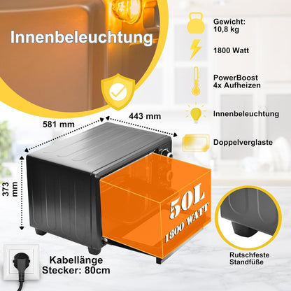 ICQN 50 liter mini oven | 1400 W | Circulerende lucht | Pizzaoven | Dubbele beglazing | Braadspit | Timer | Inclusief bakplaten set | Elektrische mini-oven | 40 ° -230 ° C | Geëmailleerd | zwart