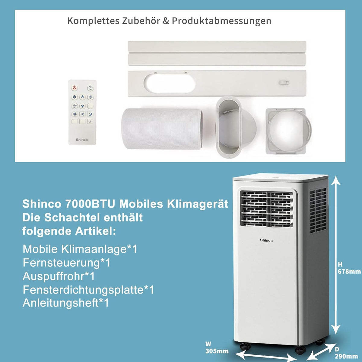 SHINCO 7000BTU Draagbare airconditioning met 3-in-1 functie, airconditioning, luchtontvochtiger, ventilator, slaapmodus, voor maximaal 18 m², 24-uurs timer, 2 raamsets
