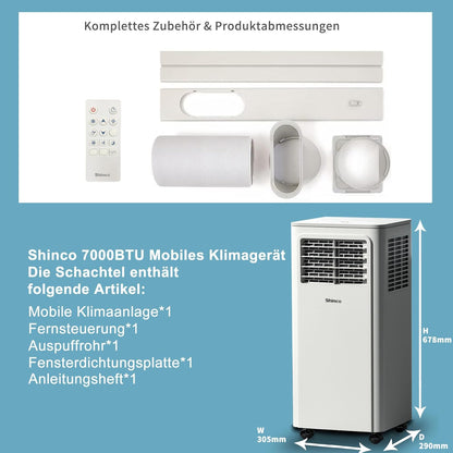SHINCO 7000BTU Draagbare airconditioning met 3-in-1 functie, airconditioning, luchtontvochtiger, ventilator, slaapmodus, voor maximaal 18 m², 24-uurs timer, 2 raamsets