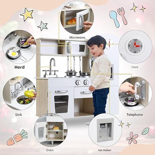 Speelkeuken - Speelgoedkeuken - Keukenset - met Casten - RVS Pot - Keukengerei - voor 3-6 jaar - Peuters - Solide Structuur - Oneindige Verbeelding - Educatieve Waarde - Leuke Interactie - Hout - 74 x 29 x 81.5 cm - Wit
