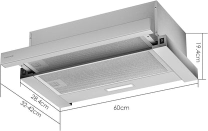 Telescopische afzuigkap 60cm 350m³/h Inbouw Afzuigkap 600mm met LED Licht 2 Snelheden Geïntegreerde Keuken Afzuigkap Ventilator