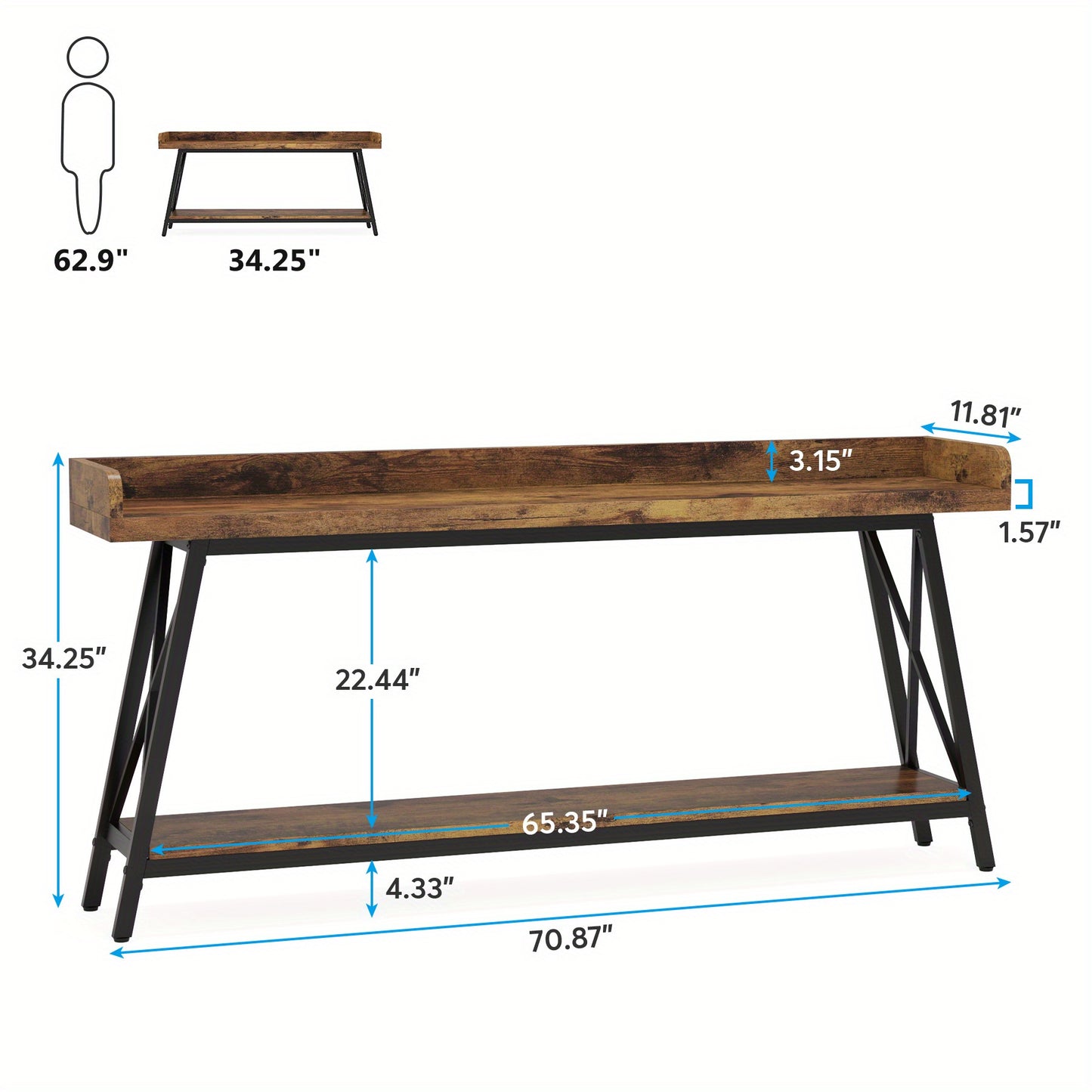 Rustieke Industrieel Sofa Console Tafel – Sidetable – Haltafel – Bartafel – Wandtafel – Bruin/Zwart – 180 cm Lang – Met Opbergruimte En Verstelbare Poten